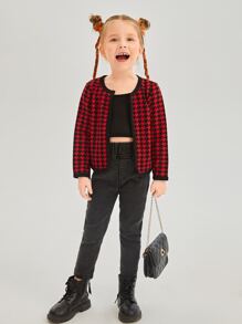 SHEIN 小女童千鳥格印花撞色滾邊開門襟夾克 - 彩色 - 查看 4