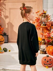 SHEIN Toddler Girls Halloween Print Drop Shoulder Sweatshirt Dress - Black - View 2