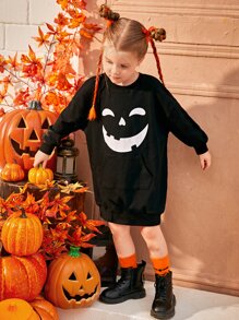SHEIN Toddler Girls Halloween Print Drop Shoulder Sweatshirt Dress - Black - View 3