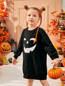 SHEIN Toddler Girls Halloween Print Drop Shoulder Sweatshirt Dress - Black - View 4