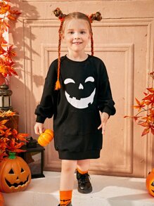 SHEIN Toddler Girls Halloween Print Drop Shoulder Sweatshirt Dress - Black - View 5