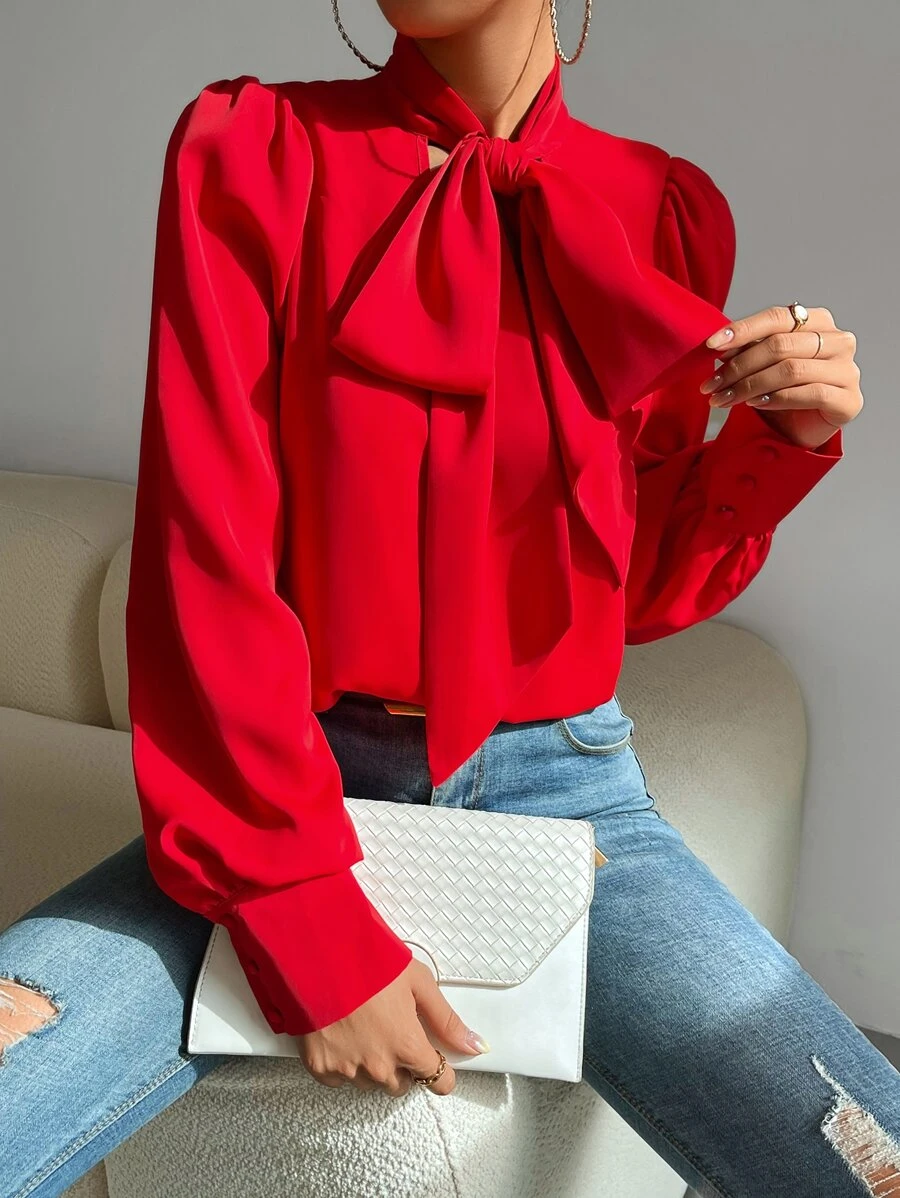 Calvaya Solid Tie Neck Puff Sleeve Shirt