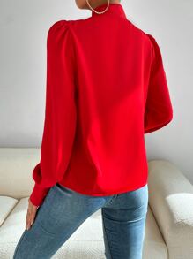 Calvaya Solid Tie Neck Puff Sleeve Shirt