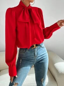Calvaya Solid Tie Neck Puff Sleeve Shirt