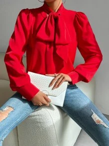 Calvaya Solid Tie Neck Puff Sleeve Shirt