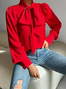 Calvaya Solid Tie Neck Puff Sleeve Shirt