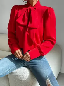 Calvaya Solid Tie Neck Puff Sleeve Shirt