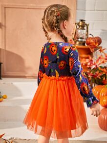 SHEIN 小女童萬聖印花荷葉袖網紗邊洋裝