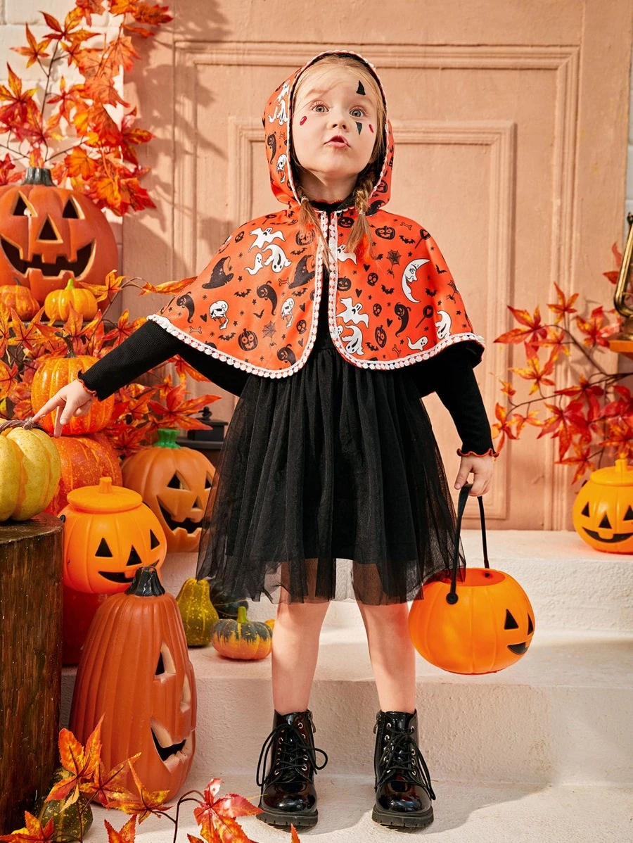 SHEIN Bộ thời trang bé gái Tương phản Mesh Lễ Các Thánh Hấp dẫn - Nhiều màu - Xem 1