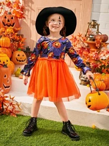 SHEIN 小女童萬聖印花荷葉袖網紗邊洋裝