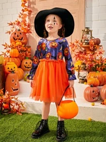 SHEIN 小女童萬聖印花荷葉袖網紗邊洋裝