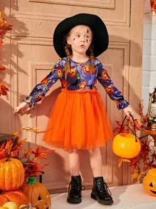 SHEIN 小女童萬聖印花荷葉袖網紗邊洋裝