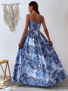 Breezaya Tropical Print Shirred Split Thigh Cami Dress Maxi Vacation Beach Outfits Women - Blue - View 2