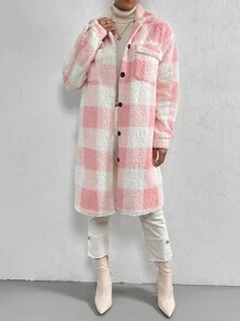 SHEIN Clasi Buffalo Plaid Pattern Flap Pocket Drop Shoulder Teddy Coat Fall Winter Cloth For Women - Multicolor - View 6
