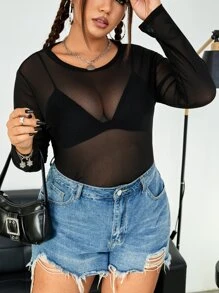 SHEIN LUNE Plus See Through Mesh Top Without Bra - Black - View 1