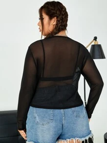 SHEIN LUNE Plus See Through Mesh Top Without Bra - Black - View 2