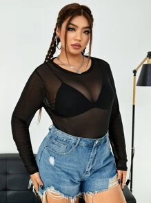 SHEIN LUNE Plus See Through Mesh Top Without Bra - Black - View 5