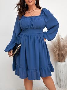 Plus Square Neck Ruched Bust Ruffle Hem Dress - Blue - View 1