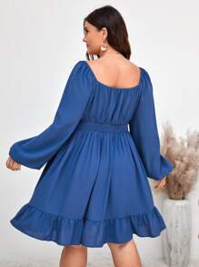 Plus Square Neck Ruched Bust Ruffle Hem Dress - Blue - View 2
