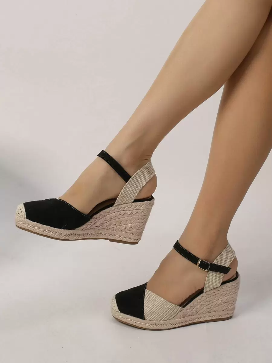 Cap Toe Ankle Strap Espadrille Linen Wedge Court Shoes