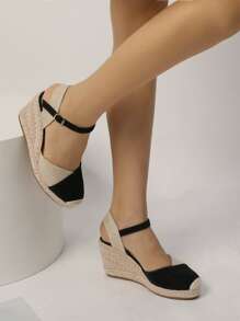 Cap Toe Ankle Strap Espadrille Linen Wedge Court Shoes