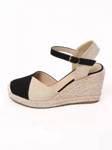 Cap Toe Ankle Strap Espadrille Linen Wedge Court Shoes