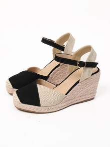 Cap Toe Ankle Strap Espadrille Linen Wedge Court Shoes