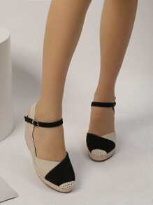 Cap Toe Ankle Strap Espadrille Linen Wedge Court Shoes