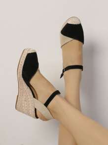 Cap Toe Ankle Strap Espadrille Linen Wedge Court Shoes