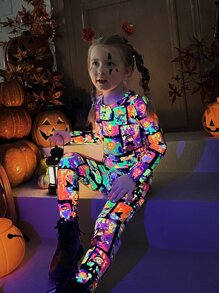 SHEIN 小女童反光萬聖印花緊身打底褲 - 彩色 - 查看 3