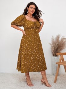 SHEIN VCAY 大碼小碎花前繫帶打褶下擺開叉女僕洋裝 - 芥末黃 - 查看 4