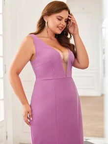 Plus Contrast Mesh Mermaid Hem Dress - Lilac Purple - View 5