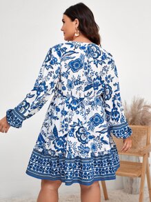 SHEIN Clasi Vestido con cinturón con estampado floral de manga farol bajo con fruncido - Azul - Ver 2