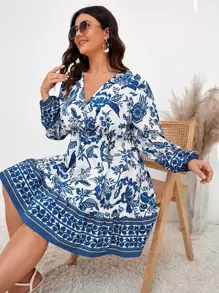SHEIN Clasi Vestido con cinturón con estampado floral de manga farol bajo con fruncido - Azul - Ver 3