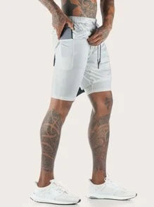 Men Camo 2 In 1 Sports Shorts With Towel Loop Grey Shorts