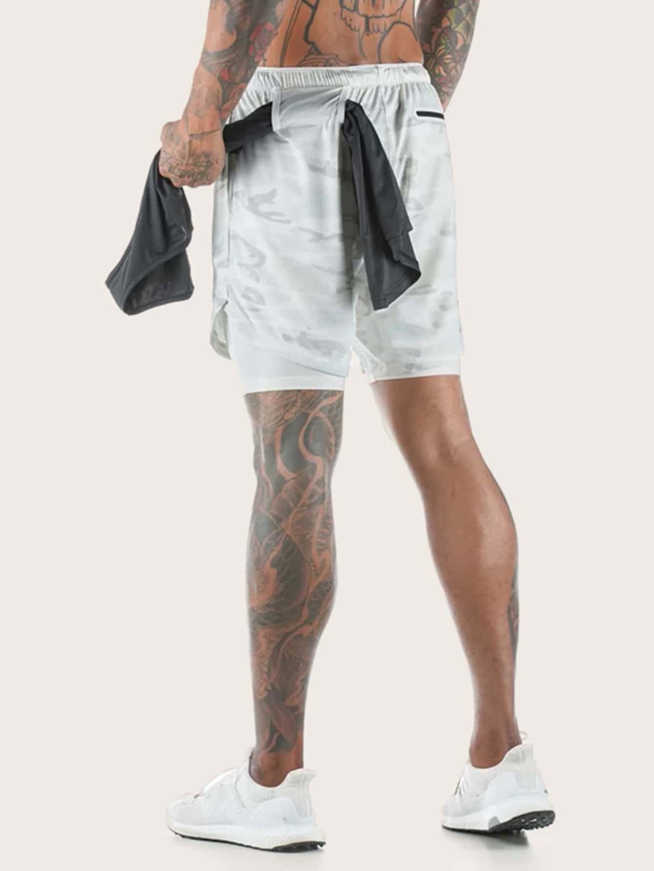 Men Camo 2 In 1 Sports Shorts With Towel Loop Grey Shorts
