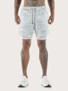 Men Camo 2 In 1 Sports Shorts With Towel Loop Grey Shorts