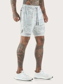 Men Camo 2 In 1 Sports Shorts With Towel Loop Grey Shorts