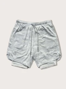 Men Camo 2 In 1 Sports Shorts With Towel Loop Grey Shorts