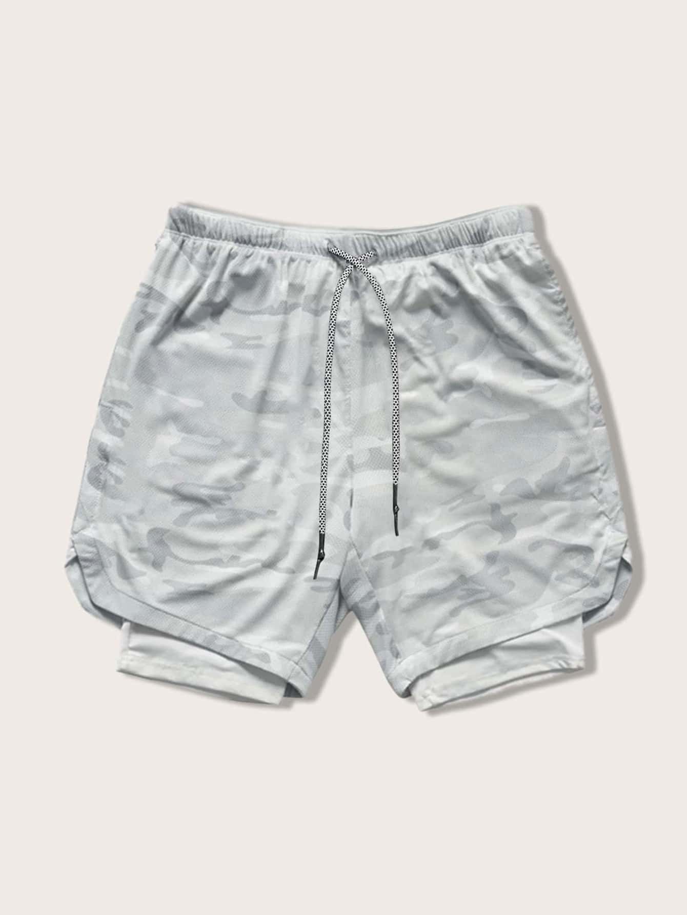 Men Camo 2 In 1 Sports Shorts With Towel Loop Grey Shorts