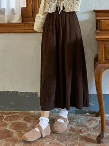 DAZY Solid Elastic Waist Skirt - Chocolate Brown - View 1