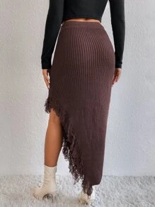 Zolique Váy len nữ Bất đối xứng Hem thô màu trơn Giải trí - Màu nâu Sô-cô-la - Xem 2