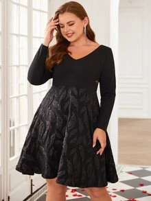 Plus V Neck Leaves Print Cut Out Dress - Black - View 5