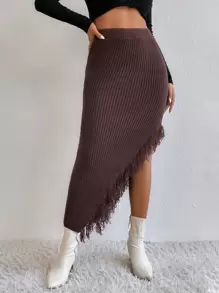 Zolique Váy len nữ Bất đối xứng Hem thô màu trơn Giải trí - Màu nâu Sô-cô-la - Xem 3