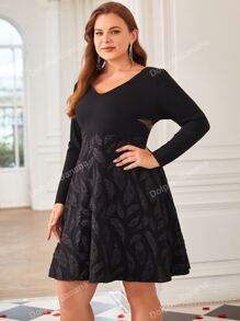 Plus V Neck Leaves Print Cut Out Dress