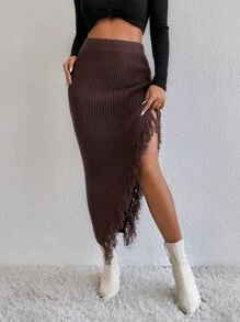 Zolique Váy len nữ Bất đối xứng Hem thô màu trơn Giải trí - Màu nâu Sô-cô-la - Xem 4