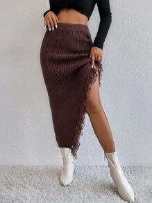 Zolique Váy len nữ Bất đối xứng Hem thô màu trơn Giải trí - Màu nâu Sô-cô-la - Xem 5