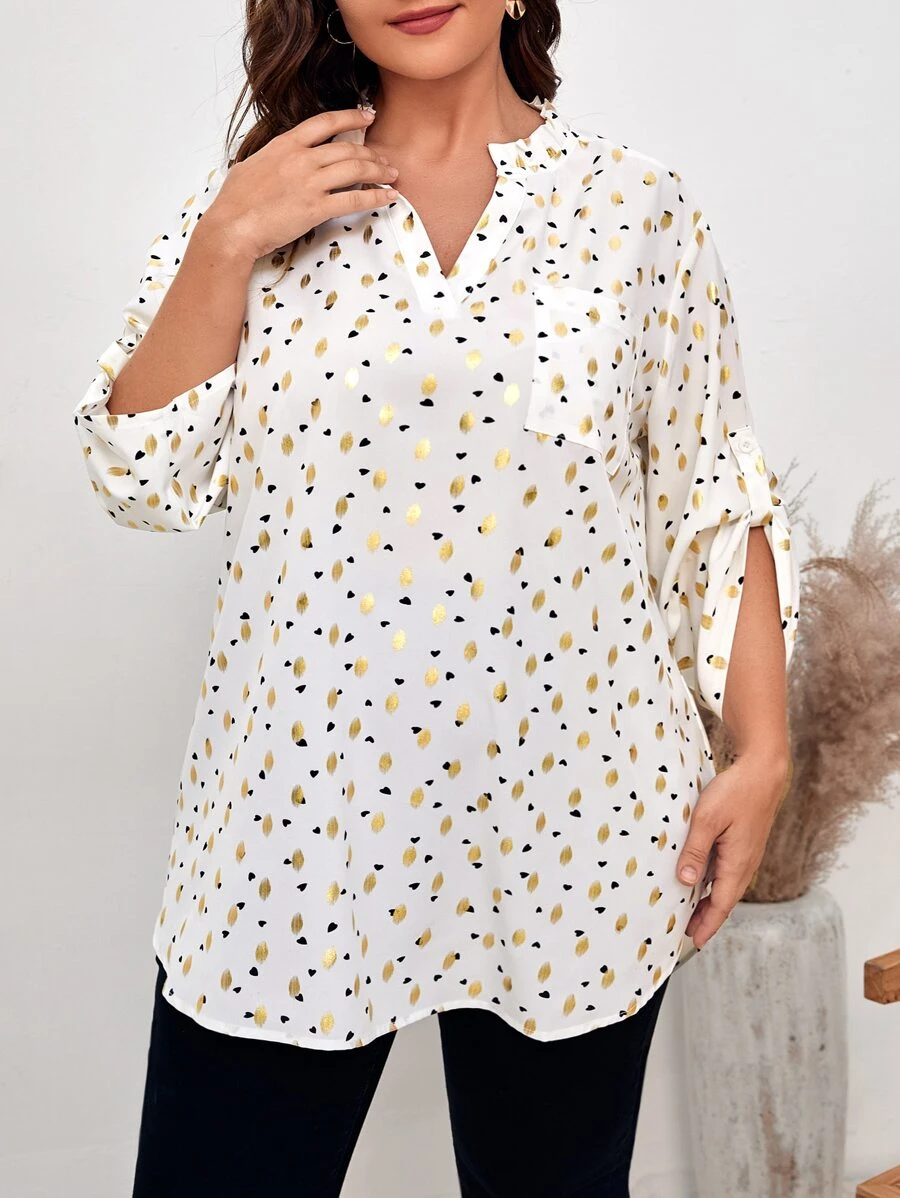 SHEIN LUNE Áo sơ mi Plus Size Nút Túi Tim Tất cả trên in Giải trí - trắng - Xem 1