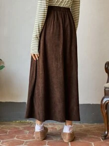 DAZY Solid Elastic Waist Skirt - Chocolate Brown - View 2