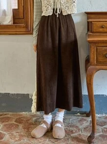 DAZY Solid Elastic Waist Skirt - Chocolate Brown - View 3